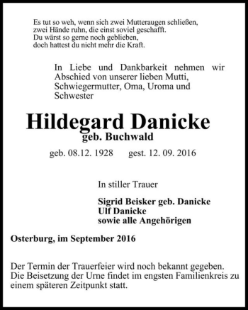 Traueranzeige von Hildegard Danicke (geb. Buchwald)  von Magdeburger Volksstimme