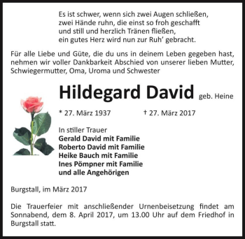 Traueranzeige von Hildegard David (geb. Heine)  von Magdeburger Volksstimme