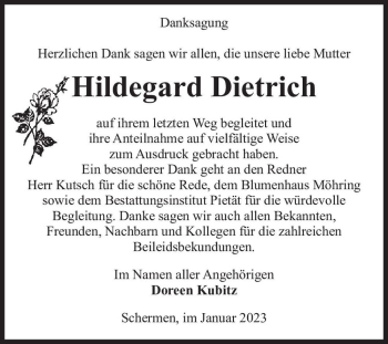 Traueranzeige von Hildegard Dietrich  von Magdeburger Volksstimme