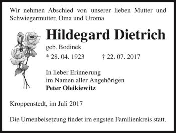 Traueranzeige von Hildegard Dietrich (geb. Bodinek)  von Magdeburger Volksstimme
