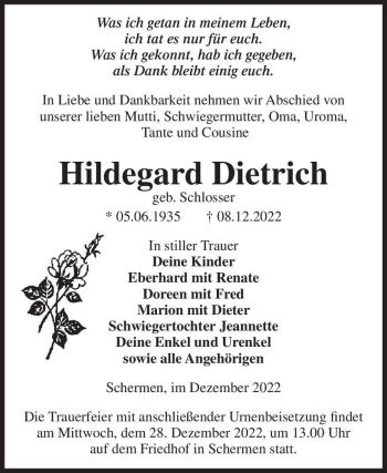 Traueranzeige von Hildegard Dietrich (geb. Schlosser)  von Magdeburger Volksstimme