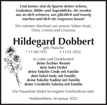 Traueranzeige von Hildegard Dobbert (geb. Paasche)  von Magdeburger Volksstimme