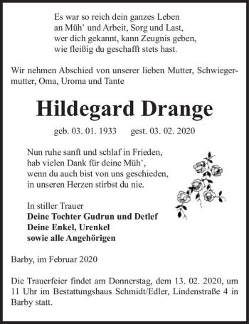 Traueranzeige von Hildegard Drange  von Magdeburger Volksstimme