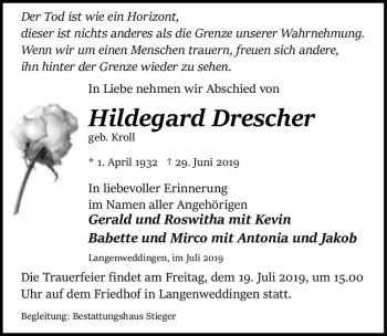 Traueranzeige von Hildegard Drescher (geb. Kroll)  von Magdeburger Volksstimme