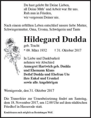Traueranzeige von Hildegard Dudda (geb. Tracht)  von Magdeburger Volksstimme