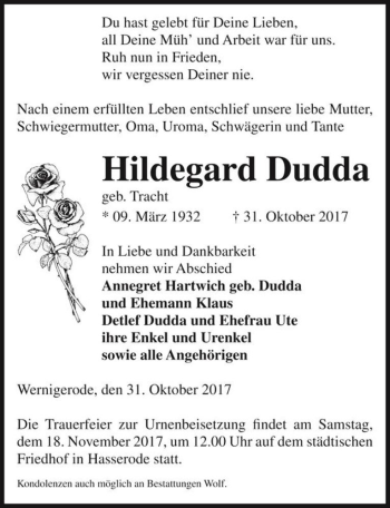 Traueranzeige von Hildegard Dudda (geb. Tracht)  von Magdeburger Volksstimme
