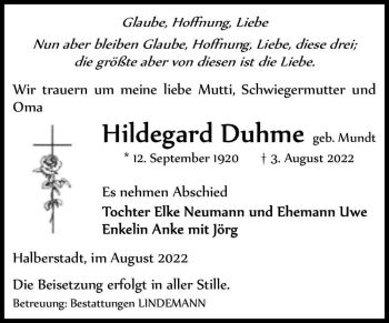 Traueranzeige von Hildegard Duhme (geb. Mundt)  von Magdeburger Volksstimme