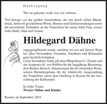 Traueranzeige von Hildegard Dähne  von Magdeburger Volksstimme