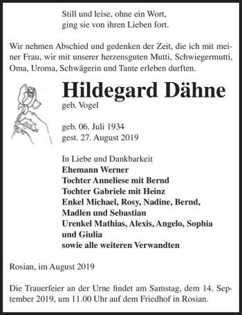 Traueranzeige von Hildegard Dähne (geb. Vogel)  von Magdeburger Volksstimme