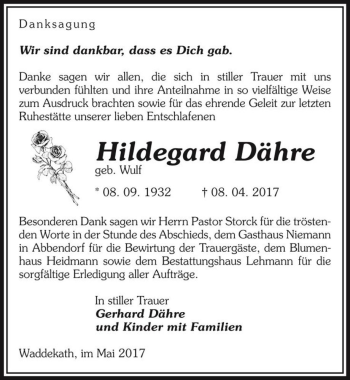 Traueranzeige von Hildegard Dähre (geb. Wulf)  von Magdeburger Volksstimme
