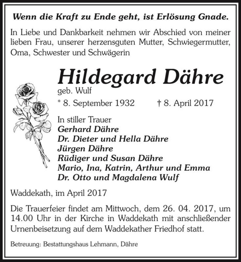  Traueranzeige für Hildegard Dähre (geb. Wulf)  vom 11.04.2017 aus Magdeburger Volksstimme