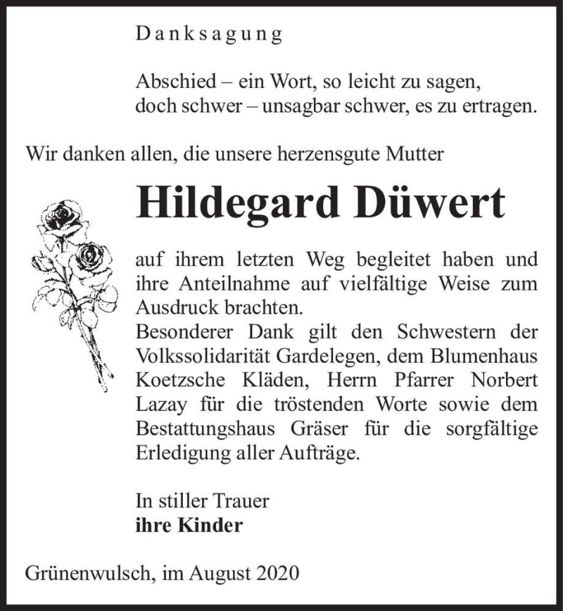  Traueranzeige für Hildegard Düwert  vom 27.08.2020 aus Magdeburger Volksstimme