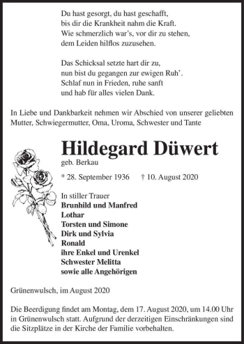 Traueranzeige von Hildegard Düwert (geb. Berkau)  von Magdeburger Volksstimme