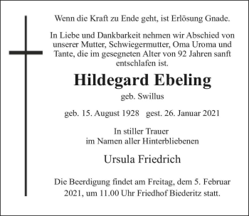 Traueranzeige von Hildegard Ebeling (geb. Swillus)  von Magdeburger Volksstimme