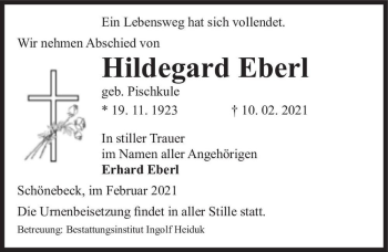 Traueranzeige von Hildegard Eberl (geb. Pischkule)  von Magdeburger Volksstimme