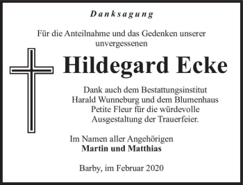 Traueranzeige von Hildegard Ecke  von Magdeburger Volksstimme