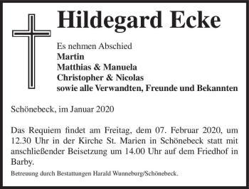 Traueranzeige von Hildegard Ecke  von Magdeburger Volksstimme