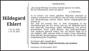 Traueranzeige von Hildegard Ehlert  von Magdeburger Volksstimme