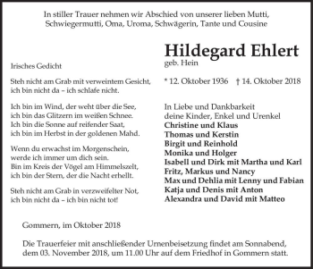 Traueranzeige von Hildegard Ehlert (geb. Hein)  von Magdeburger Volksstimme