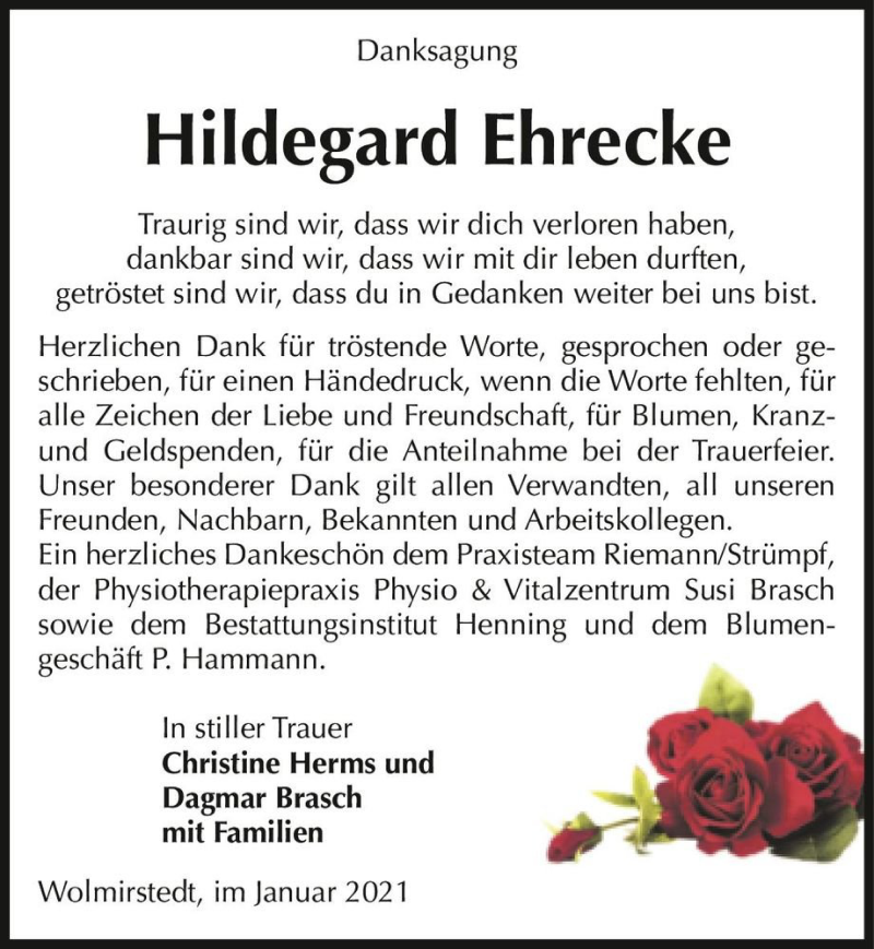  Traueranzeige für Hildegard Ehrecke  vom 23.01.2021 aus Magdeburger Volksstimme
