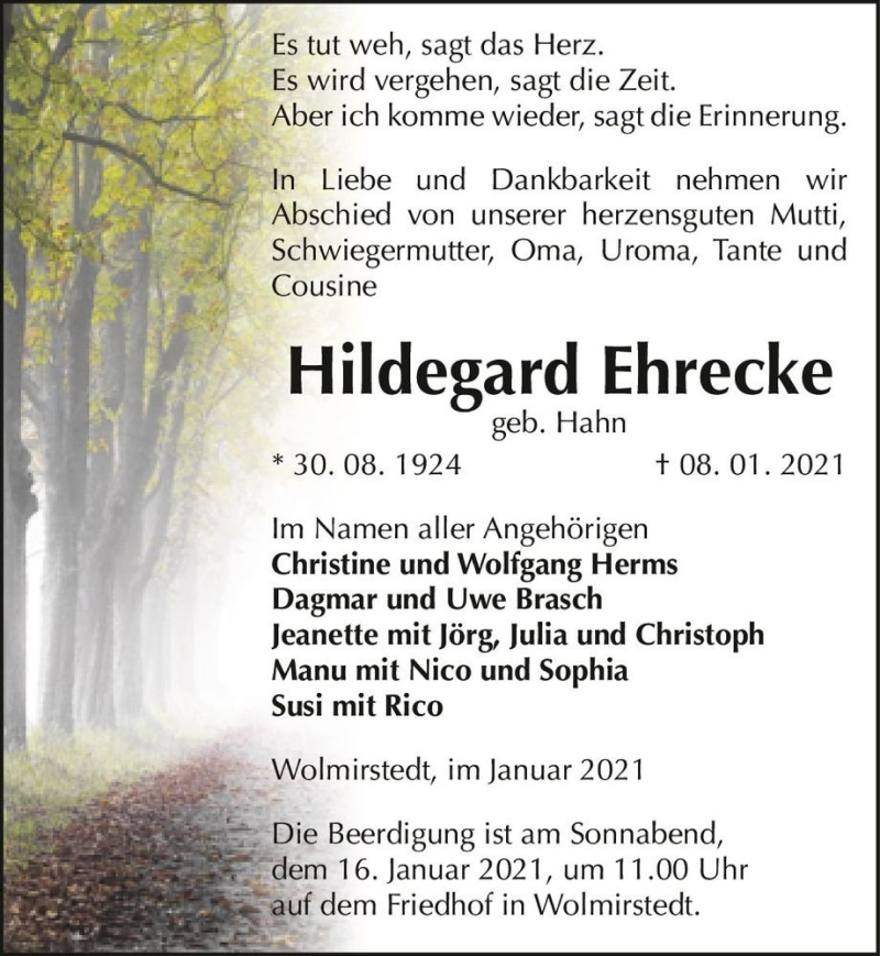  Traueranzeige für Hildegard Ehrecke (geb. Hahn)  vom 13.01.2021 aus Magdeburger Volksstimme