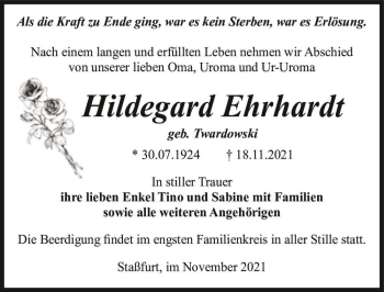Traueranzeige von Hildegard Ehrhardt (geb. Twardowski)  von Magdeburger Volksstimme