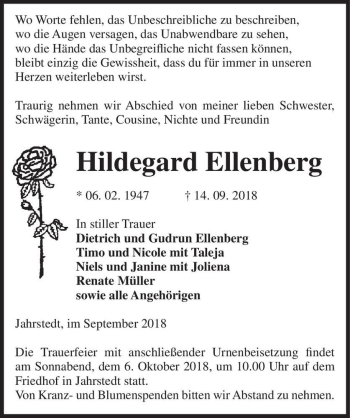 Traueranzeige von Hildegard Ellenberg  von Magdeburger Volksstimme