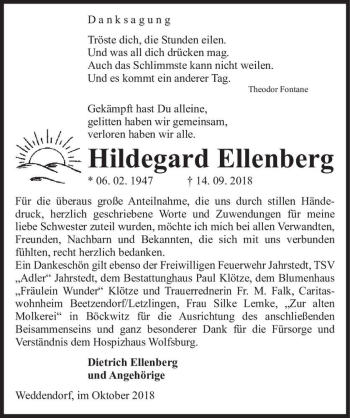 Traueranzeige von Hildegard Ellenberg  von Magdeburger Volksstimme