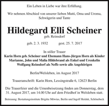Traueranzeige von Hildegard Elli Scheiner (geb. Reinsdorf)  von Magdeburger Volksstimme