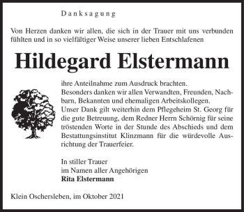 Traueranzeige von Hildegard Elstermann  von Magdeburger Volksstimme