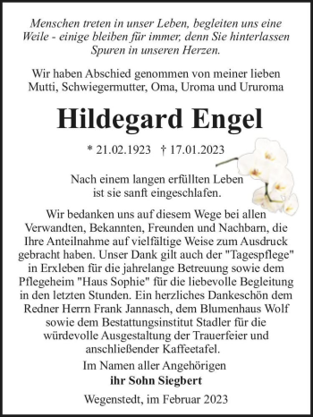 Traueranzeige von Hildegard Engel  von Magdeburger Volksstimme