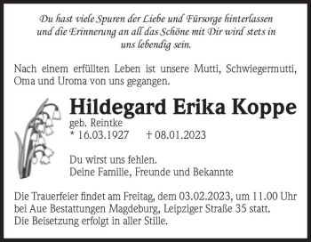 Traueranzeige von Hildegard Erika Koppe (geb. Reintke)  von Magdeburger Volksstimme