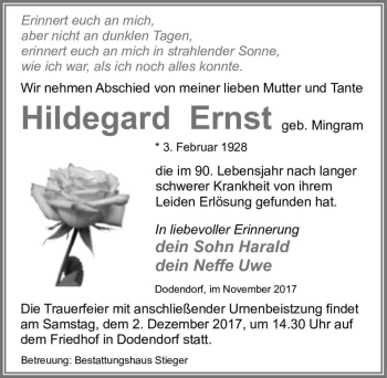 Traueranzeige von Hildegard Ernst (geb. Mingram)  von Magdeburger Volksstimme
