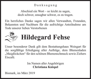 Traueranzeige von Hildegard Fehse  von Magdeburger Volksstimme