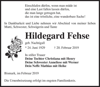 Traueranzeige von Hildegard Fehse (geb. Nachtigall)  von Magdeburger Volksstimme
