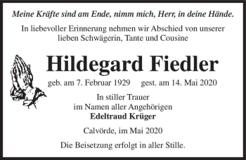 Traueranzeige von Hildegard Fiedler  von Magdeburger Volksstimme
