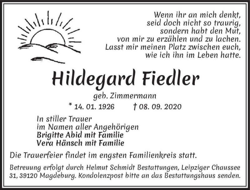  Traueranzeige für Hildegard Fiedler (geb. Zimmermann)  vom 02.10.2020 aus Magdeburger Volksstimme