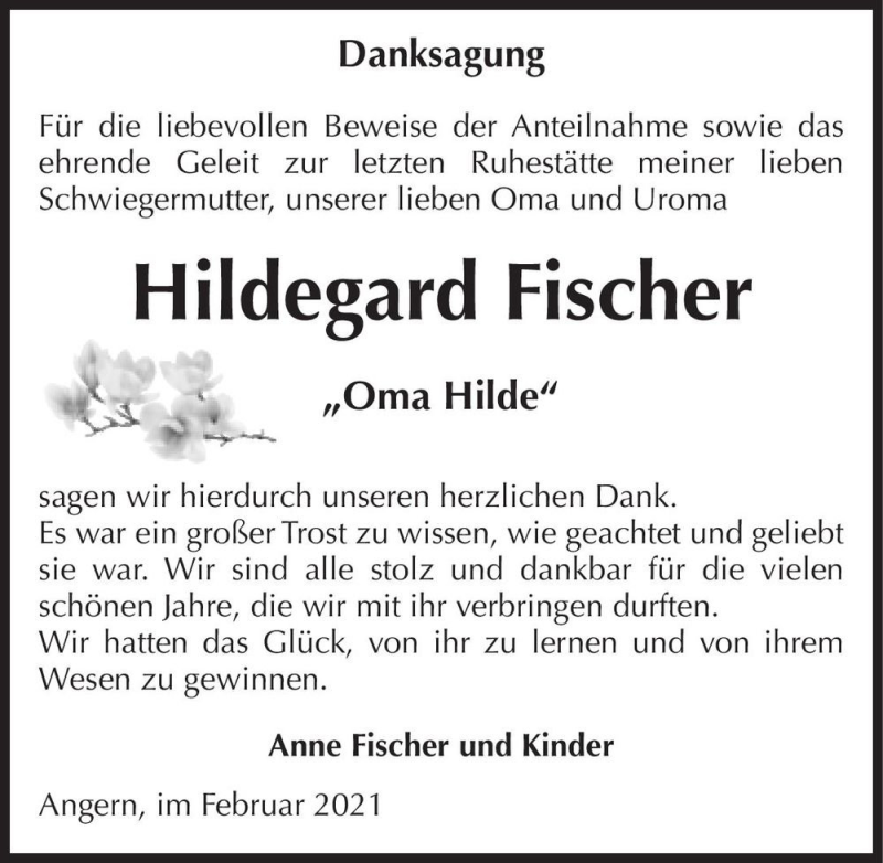  Traueranzeige für Hildegard Fischer 