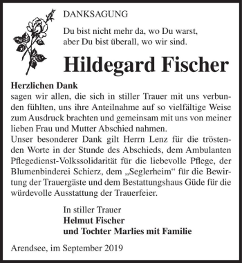 Traueranzeige von Hildegard Fischer  von Magdeburger Volksstimme