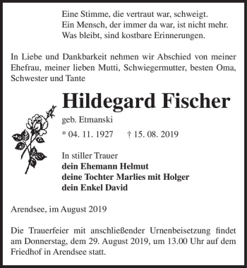 Traueranzeige von Hildegard Fischer (geb. Etmanski)  von Magdeburger Volksstimme