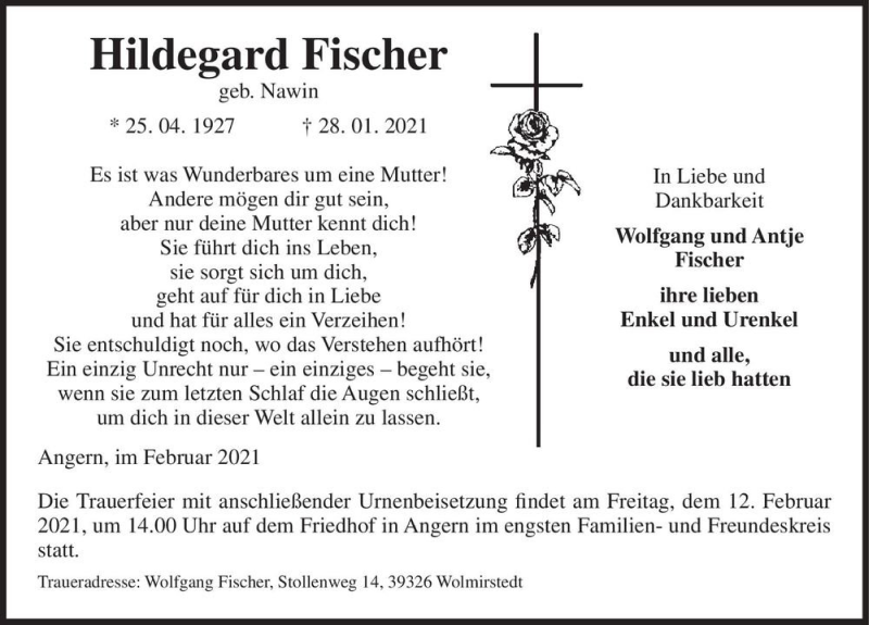  Traueranzeige für Hildegard Fischer (geb. Nawin)  vom 06.02.2021 aus Magdeburger Volksstimme