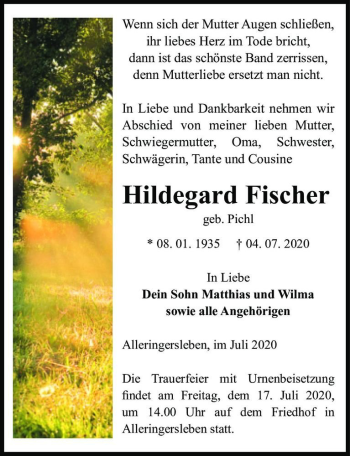 Traueranzeige von Hildegard Fischer (geb. Pichl)  von Magdeburger Volksstimme