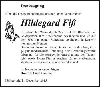Traueranzeige von Hildegard Fiß  von Magdeburger Volksstimme