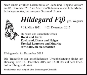Traueranzeige von Hildegard Fiß (geb. Wegener)  von Magdeburger Volksstimme