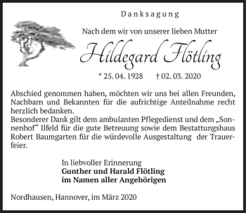 Traueranzeige von Hildegard Flötling  von Magdeburger Volksstimme