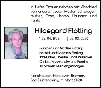 Traueranzeige von Hildegard Flötling  von Magdeburger Volksstimme
