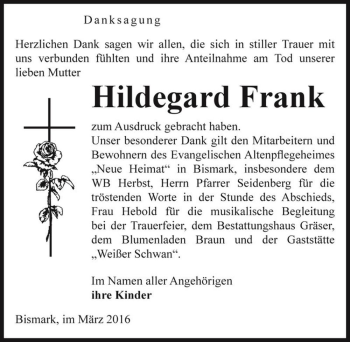 Traueranzeige von Hildegard Frank  von Magdeburger Volksstimme