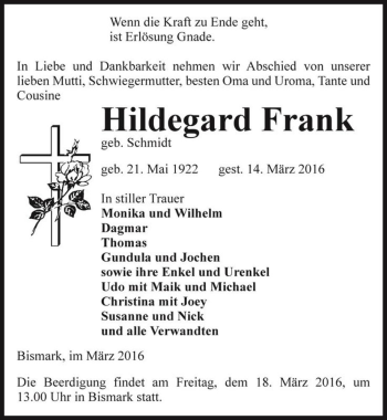 Traueranzeige von Hildegard Frank (geb. Schmidt)  von Magdeburger Volksstimme