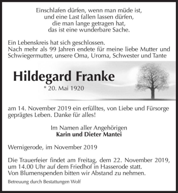 Traueranzeige von Hildegard Franke  von Magdeburger Volksstimme