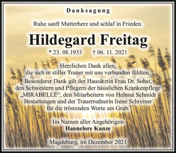 Traueranzeige von Hildegard Freitag  von Magdeburger Volksstimme